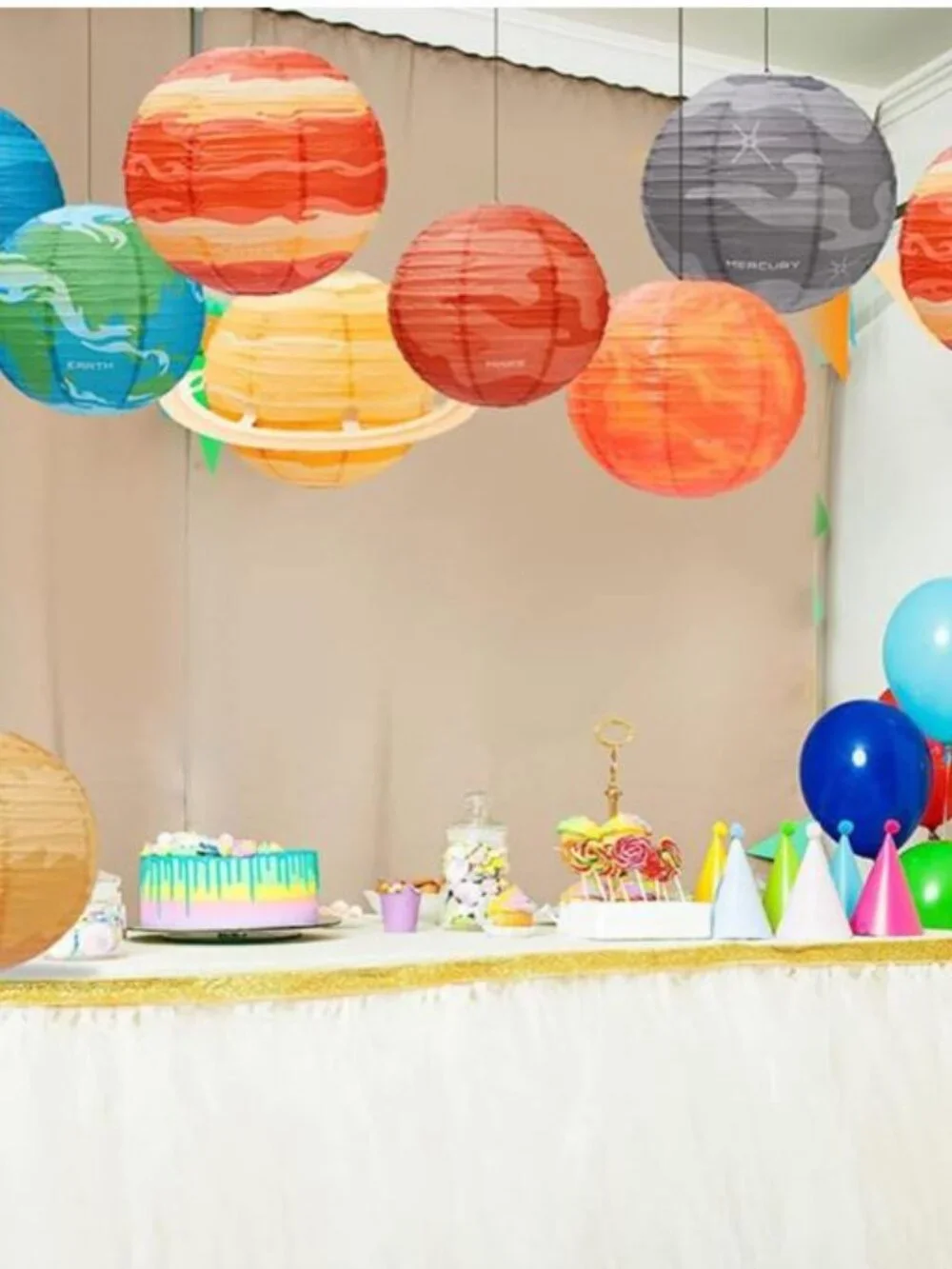 Blue Saturn Hanging Paper Lantern - Space Party Decoration